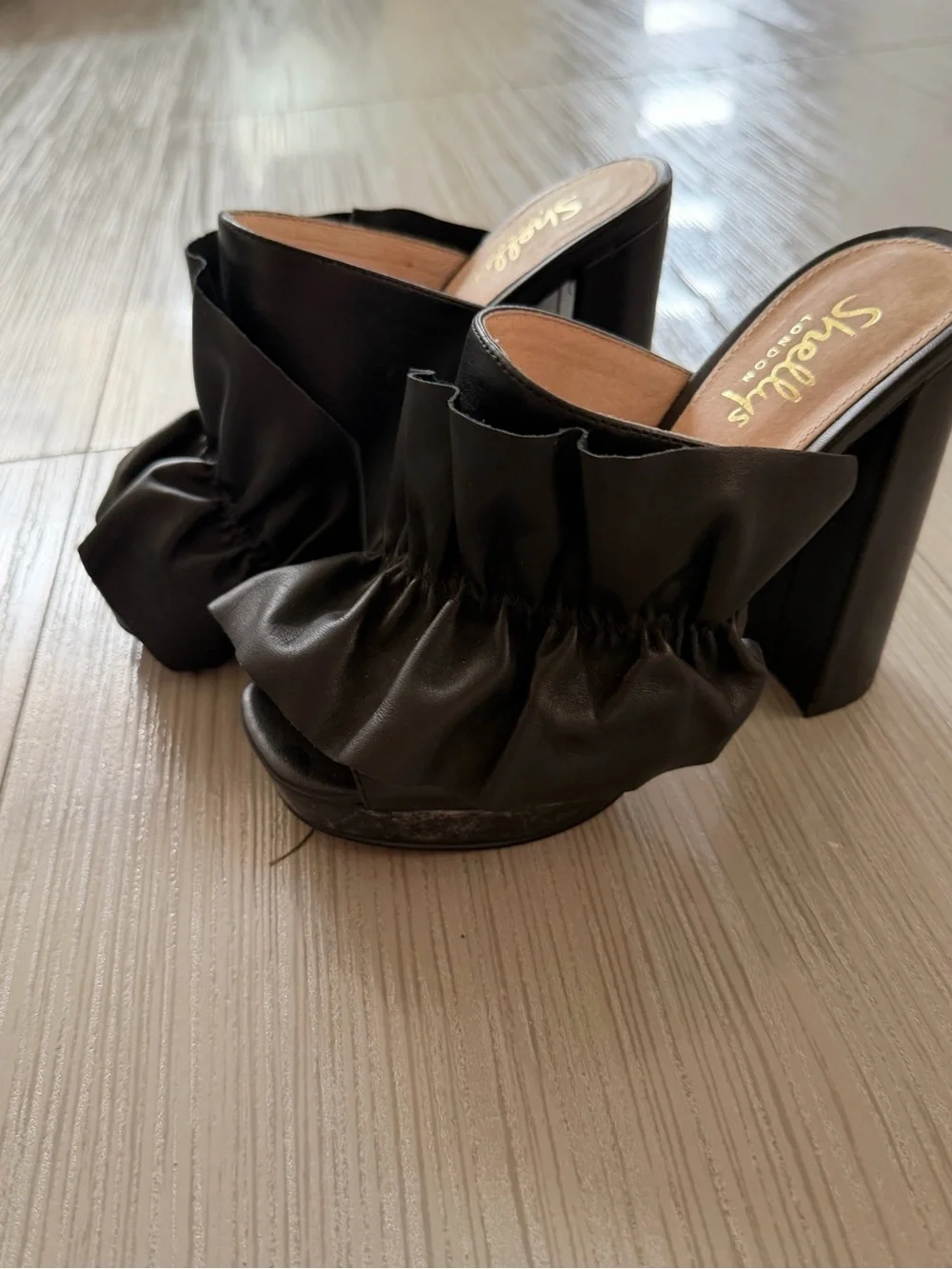 Shellys London Black Ruffle-Front Leather Platform Mules sandals